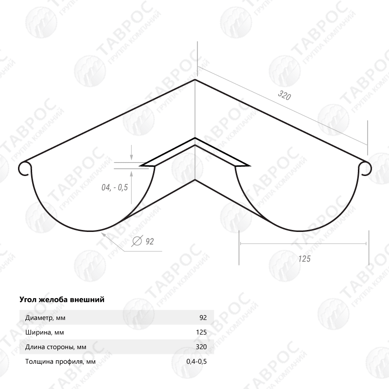 Угол желоба внешний Zn 320*125*92