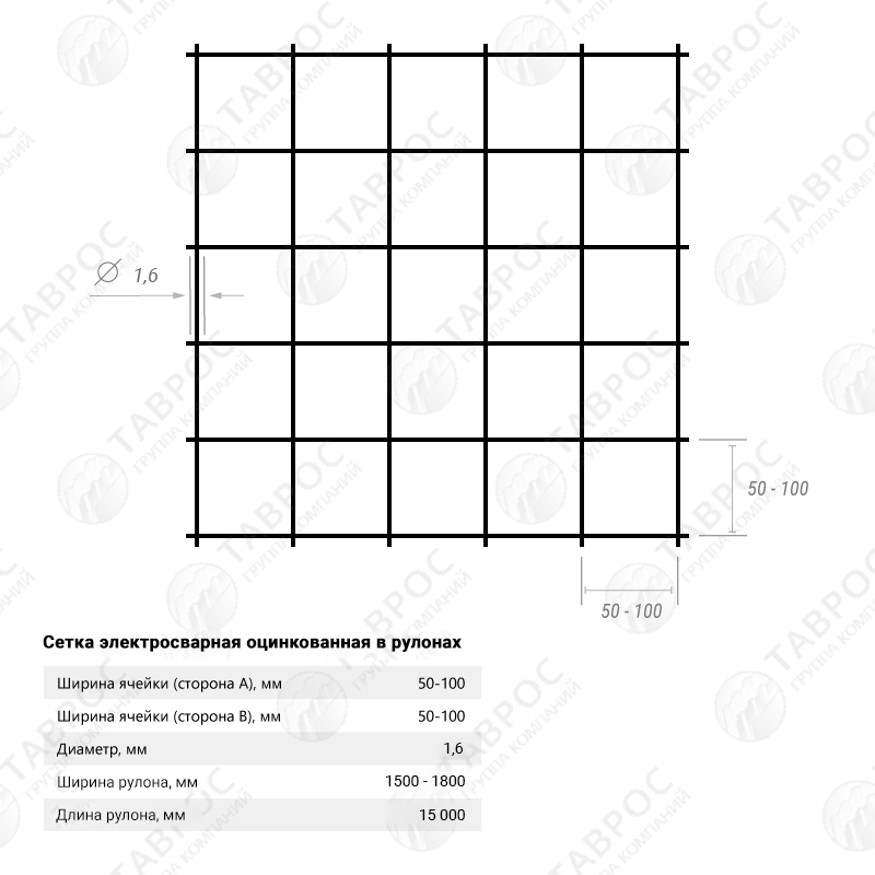 Сетка электросварная оцинкованная в рулонах (100х50 мм) 1,5х15 м / D=1,6 мм