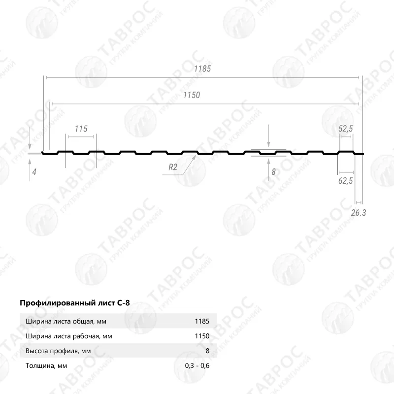 Профнастил С-8 Гладкий полиэстер RAL 6005 (Зелёный мох) 2500*1185*0,45 двухсторонний