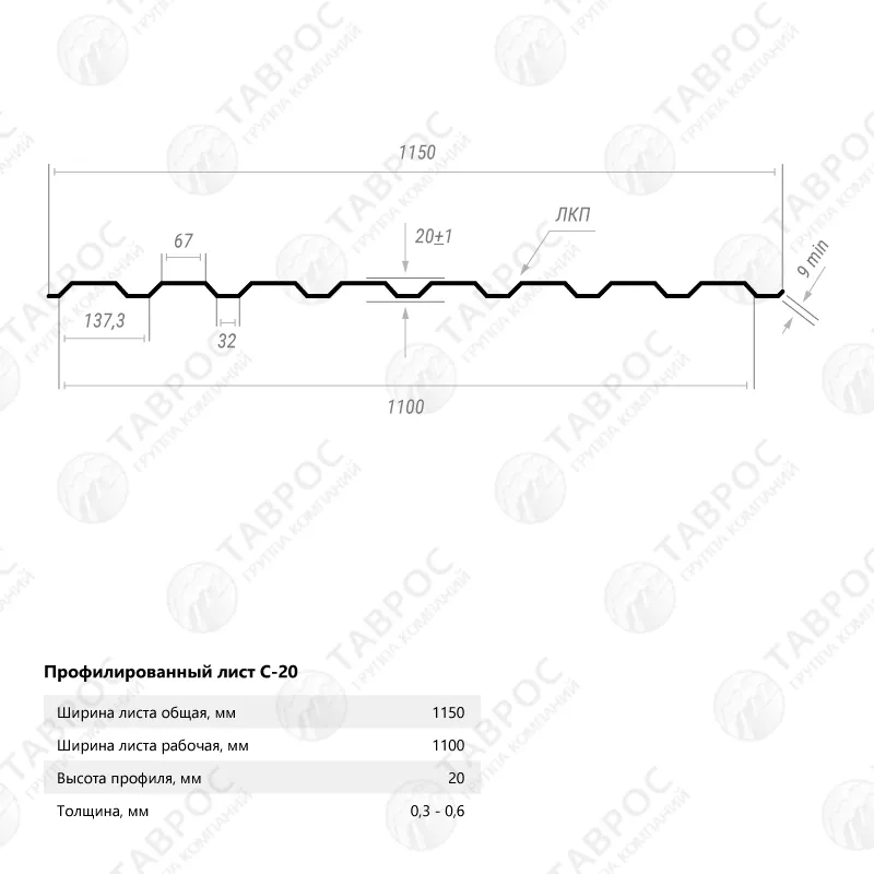 Профнастил С-20 Гладкий полиэстер RAL 6005 (Зелёный мох) 2500*1150*0,45 двухсторонний